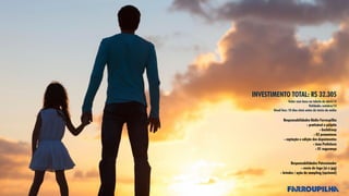 INVESTIMENTO TOTAL: R$ 32.305
Valor com base na tabela de abril/14
Validade: outubro/14
Dead line: 10 dias úteis antes do início da mídia
Responsabilidades Rádio Farroupilha
- praticável e púlpito
- backdroop
- 02 promotores
- captação e edição dos depoimentos
- taxa Prefeitura
- 01 segurança
Responsabilidades Patrocinador
- envio de logo (ai e jpg)
- brindes / ação de sampling (opcional)
 