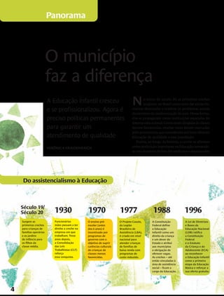 Panorama




                         O município
                         faz a diferença
                         A Educação Infantil cresceu                              N       o início do século 20, as primeiras creches
                                                                                          surgiram no Brasil como uma das várias ini-
                         e se profissionalizou. Agora é                           ciativas destinadas a resolver os problemas sociais
                                                                                  decorrentes da modernização do país. Dessa forma,
                         preciso políticas permanentes                            elas se propagaram como instituições separadas do
                                                                                  sistema educacional. Como eram dirigidas às classes
                         para garantir um                                         menos favorecidas, muitas vezes foram marcadas
                                                                                  pelo preconceito, que considerava um luxo oferecer
                         atendimento de qualidade                                 Educação de qualidade a essa população.
                                                                                     Porém, ao longo da história, a creche se afirmou
                         Verônica Fraidenraich                                    como instituição importante na Educação, tornando-
                                                                                  se uma bandeira de luta dos sindicatos e organizações




    Do assistencialismo à Educação



    Século 19/
    Século 20               1930                  1970                  1977                    1988                  1996
    Surgem as               Funcionárias          O ensino pré-         O Projeto Casulo,      A Constituição         A Lei de Diretrizes
    primeiras creches       mães passam a ter     escolar (antes        da Legião              Federal define         e Bases da
    para crianças de        direito a creche na   dos 6 anos) é         Brasileira de          a Educação             Educação Nacional
    famílias operárias      empresa em que        incentivado por       Assistência (LBA),     Infantil como um       (LDB) ratifica
    e os jardins            trabalham. Treze      programas de          é criado em nível      direito da criança     a Constituição
    de infância para        anos depois,          governo com o         nacional para          e um dever do          Federal
    os filhos da            a Consolidação        objetivo de suprir    atender crianças       Estado e atribui       e o Estatuto
    classe média.           das Leis              carências culturais   de famílias de         aos municípios         da Criança e do
                            Trabalhistas (CLT)    de crianças de        baixa renda com        a obrigação de         Adolescente (ECA)
                            reforça               classes menos         programas de           oferecer vagas.        ao reconhecer
                            essa conquista.       favorecidas.          custo reduzido.        As creches – até       a Educação Infantil
                                                                                               então vinculadas à     como a primeira
                                                                                               área de assistência    etapa da Educação
                                                                                               social – ficam a       Básica e reforçar a
                                                                                               cargo da Educação.     sua oferta gratuita.




4
 