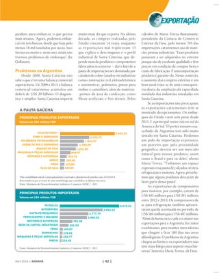 Abril 2014 | AMANHÃ | 42 |
PRINCIPAIS PRODUTOS IMPORTADOS
Valores em US$ milhões FOB
3.679,03
1.777,70
2.654,16
1.684,51
152,77
781,08
185,87
551,54
178,64
114,45
PETRÓLEO
AUTOMÓVEIS
NAFTA PETROQUÍMICA
FERTILIZANTES E INSUMOS
MOTORES E AUTOPEÇAS
BENS DE CAPITAL INDUSTRIAIS
TRIGO
BORRACHAS
MÁQUINAS E PEÇAS AGRÍCOLAS
PNEUS
Fonte: Ministério do Desenvolvimento, Indústria e Comércio (MDIC) - 2013
PRINCIPAIS PRODUTOS EXPORTADOS
Valores em US$ milhões FOB
4.225,19
2.250,72
282,84
SOJA EM GRÃO*
FUMO E DERIVADOS
POLÍMEROS PETROQUÍMICOS
CARNE DE AVE E DERIVADOS
BAGAÇO DE SOJA
MÁQUINAS E PEÇAS AGRÍCOLAS
MOTORES E AUTOPEÇAS
ARROZ
TRIGO
ÓLEO DE SOJA
*Pela contabilidade oﬁcial, o principal produto exportado é plataforma de petróleo, mas AMANHÃ
desconsiderou por se tratar de uma metodologia que contabiliza os últimos três anos.
Fonte: Ministério do Desenvolvimento, Indústria e Comércio (MDIC) - 2013
325,83
362,66
503,73
808,47
1.201,99
1.360,56
1.841,87
produto para embarcar, o que gerava
mais atrasos. “Agora, podemos embar-
car em três berços, desde que haja pelo
menos 18 mil toneladas por navio. Isso
favoreceu muito e, neste ano, ainda não
tivemos problemas de embarque”, diz
Gallassini.
Problemas na Argentina
Desde 2008, Santa Catarina não
sabe o que é ter uma balança comercial
superavitária. De 2009 a 2013, a balança
comercial catarinense acumulou um
déficit de US$ 20 bilhões. O diagnós-
tico é simples: Santa Catarina importa
muito mais do que exporta. Na última
década, as compras realizadas pelo
Estado cresceram 14 vezes, enquanto
as exportações mal triplicaram. O
que explica o descompasso é o perfil
industrial de Santa Catarina, que de-
pende mais de produtos e componentes
fabricados no exterior – daí o fato de a
pauta de importações ser dominada por
cátodos de cobre (usados em indústrias
como construção civil, eletroeletrônica
e automotiva), polímeros, pneus para
ônibus e caminhões, além de matérias-
-primas da área de confecção, como
fibras artificiais e fios têxteis. Pelos
cálculos de Maria Teresa Bustamante,
presidente da Câmara de Comércio
Exterior da Fiesc, pelo menos 70% das
importações catarinenses são de maté-
rias-primas industriais. “Esses produtos
passaram a ser adquiridos no exterior
porque são de excelente qualidade e têm
preços em condição de compor bem o
custo de fabricação. É uma importação
produtiva”, garante ela. Nesse contexto,
o aumento das compras externas é um
bom sinal: trata-se de uma consequên-
cia direta da ampliação da capacidade
instalada das indústrias instaladas em
Santa Catarina.
Se as importações não preocupam,
as exportações catarinenses têm se
mostrado decepcionantes. Os embar-
ques do Estado caem sem parar desde
2011. E a principal razão está no sul da
América do Sul. “O protecionismo exa-
cerbado da Argentina tem sido muito
sentido em Santa Catarina. Perdemos
um polo de importação expressivo,
um parceiro que, pela proximidade
geográfica, deveria ser um mercado
natural para nossos produtos, assim
como o Brasil é para os deles”, afirma
Maria Teresa. “Tínhamos um espaço
expressivo na pauta de calçados, têxteis,
refrigeração e motores. Agora, percebe-
mos que alguns produtos deixaram de
fazer parte dessa pauta”.
As exportações de componentes
para motores, por exemplo, caíram de
US$ 405 milhões para US$ 391 milhões
entre 2012 e 2013. Os compressores de
ar para refrigeração também apresen-
taram queda acentuada no período, de
US$ 504 milhões para US$ 407 milhões.
“Além da burocracia cada vez maior nas
exportações para a Argentina, há custos
exorbitantes para manter mercadorias
que chegam a ficar 180 dias nas áreas
alfandegárias. O problema da Argentina
chegou ao limite e os exportadores não
têm mais fôlego para superar essas bar-
reiras”, lamenta Maria Teresa, da Fiesc.
A PAUTA GAÚCHA
 
