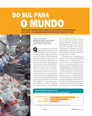 AMANHÃ | Abril 2014| 21 |
Q
farta no campo e com uma taxa de câm-
bio um pouco mais favorável, o quadro
mudou totalmente. As exportações da
região deram um salto de 18,1% em rela-
ção a 2012, chegando a US$ 52 bilhões,
o equivalente a um quinto de tudo que o
Brasilembarcounoperíodo.Dequebra,o
saldo da balança comercial voltou a ficar
positivo em US$ 1,1 bilhão.
O problema é que a dependência em
relação às exportações de commodities
submete o sul – e o restante do país – a
um rol de incertezas. Uma estiagem, aqui,
provoca mais do que prejuízos para os
produtores: também desequilibra a quan-
tidadededinheiroqueentraesaidopaíse,
emúltimaanálise,afetaosíndicesdainfla-
ção, das taxas de juros e, claro, do câmbio.
Some-se a isso um mercado doméstico
ávidoporconsumoeoresultadoéumaele-
vação geral dos preços e, principalmente,
doscustosdeprodução.“Nãoépormenos
quetemostantadificuldadeparaexpandir
o espaço da indústria na pauta brasileira
de exportações”, constata José Augusto
RANKING DE AMANHÃ MOSTRA QUAIS SÃO AS MAIORES EXPORTADORAS DO
SUL DO PAÍS – E OS DESAFIOS QUE ENFRENTAM PARA CRESCER LÁ FORA
{Edição: Andreas Müller
Reportagens: Ricardo Lacerda, Robson
Pandolfi, Pedro Henrique Tavares,
Leonardo Pujol e Emanuel Neves}
Quem exportou mais em 2013	
Exportações totais dos três Estados do sul, em US$ bilhões FOB
18,2
8,7
25,0RIO GRANDE DO SUL
PARANÁ
SANTA CATARINA
Fonte: Ministério do Desenvolvimento, Indústria e Comércio Exterior – Secex
ue o agronegócio tem um peso
considerável no desempenho da
balança comercial do sul do país, não é
nenhumanovidade.Oquesurpreendeéo
fatodeque,mesmocomtodososesforços
para agregar valor aos embarques, os três
Estadoscontinuemtãovulneráveisaota-
manhodesuascolheitas.Bastaconferiros
números mais recentes disponibilizados
pelo Ministério do Desenvolvimento,
Indústria e Comércio Exterior (MDIC),
que servem de base para a elaboração
desta edição do Especial Exportação.
Em 2012, quando uma estiagem arrasou
a safra de grãos, provocando perdas que
chegaramamaisde70%dacolheita,osul
do país amargou um déficit comercial de
US$ 5,2 bilhões – o maior desde o início
da série histórica do MDIC, em 1998. No
ano seguinte, porém, com a produção
DO SUL PARA
O MUNDOFotos:Divulgação
 