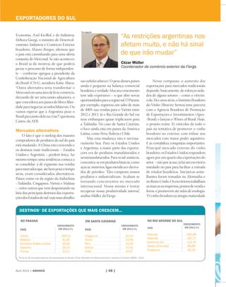Abril 2014 | AMANHÃ | 48 || 48 |
Economia, Axel Kicillof, e da Indústria,
Debora Giorgi, o ministro de Desenvol-
vimento, Indústria e Comércio Exterior
brasileiro, Mauro Borges, afirmou que
o país está caminhando para uma oferta
conjunta do Mercosul. Se não acontecer,
o Brasil já dá mostras de que poderá
puxar o processo de forma independen-
te – conforme apregoa a presidente da
Confederação Nacional de Agricultura
do Brasil (CNA), senadora Kátia Abreu.
“Outra alternativa seria transformar o
Mercosulemumaáreadelivrecomércio,
deixando de ser uma união aduaneira, o
que concederia aos países do bloco liber-
dadeparanegociaracordosbilaterais.Ou
vamos esperar que a Argentina puxe o
Brasilparajuntodelanacrise?”,questiona
Castro, da AEB.
Mercados alternativos
O fato é que o ranking dos maiores
compradores de produtos do sul do país
está mudando. A China está crescendo e
os destinos mais tradicionais – Estados
Unidos e Argentina – perdem força. Ao
mesmo tempo, uma tendência começa a
se consolidar: a de expansão nas vendas
paramercadosque,atébempoucotempo
atrás, eram considerados alternativos.
Países como os da região da Indochina
–Tailândia, Cingapura, Vietnã e Malásia
–, entre outros que vêm despontando na
lista dos principais destinos das exporta-
çõesdosEstadosdosul(vejamaisdetalhes
exportadores do sul
NO Rio Grande do Sul
País
Holanda	292,88
Tailândia	187,77
Coreia do Sul	 113,74
Taiwan (Formosa)	 88,68
Cingapura	60,25
Crescimento
em 2013 (%)
EM Santa Catarina
País
Cingapura	24,03
China	23,46
Peru	15,25
Bolívia	15,05
Chile	14,97
Crescimento
em 2013 (%)
DESTINOS* DE EXPORTAÇÕES QUE MAIS CRESCEM...
*Entre os 30 principais destinos das exportações do Estado. Fonte: Ministério do Desenvolvimento, Indústria e Comércio (MDIC) - 2013
NO PAraná
País
Vietnã	409,31
Malásia	43,95
Emirados Árabes Unidos	 35,60
Espanha	34,13
França	33,11
Crescimento
em 2013 (%)
nas tabelas abaixo). O peso desses países
ainda é pequeno na balança comercial
brasileira,éverdade.Masseucrescimento
tem sido expressivo – o que abre novas
oportunidadesparaaregiãosul.OParaná,
por exemplo, registrou um salto de mais
de 400% nas vendas para o Vietnã entre
2012 e 2013. Já o Rio Grande do Sul viu
seus embarques quase triplicarem para
a Tailândia. No caso de Santa Catarina,
o foco ainda está em países da América
Latina, como Peru, Bolívia e Chile.
Mas essa mudança não é necessa-
riamente boa. Para os Estados Unidos
e Argentina, a maior parte das exporta-
ções era de produtos manufaturados e
semimanufaturados.Paraossul-asiáticos,
concentra-seemprodutosbásicos,como
açúcar,minérios,ligasmetálicasederiva-
dos de petróleo. “Eles compram nossos
produtos e industrializam. Acabam se
tornando concorrentes no mercado
internacional. Nossa missão é tentar
recuperar nossa produtividade interna”,
analisa Müller, da Fiergs.
Nesse compasso, o aumento das
exportações para mercados tradicionais
depende, basicamente, de esforços isola-
dos de alguns setores – como o vitiviní-
cola.Dezanosatrás,oInstitutoBrasileiro
do Vinho (Ibravin) firmou uma parceria
com a Agência Brasileira de Promoção
de Exportações e Investimentos (Apex-
-Brasil) e lançou o Wines of Brasil. Hoje,
o projeto reúne 35 vinícolas de todo o
país na tentativa de promover o vinho
brasileiro no exterior, com ênfase nos
mercados com maior poder aquisitivo.
E já contabiliza conquistas importantes.
Principal mercado externo do vinho
brasileiro, os Estados Unidos respondem
agora por um quarto das exportações do
setor – não por acaso, já há um escritório
instalado no país para facilitar a entrada
de rótulos brasileiros. Iniciativas seme-
lhantes foram tomadas na Alemanha e
noReinoUnido.Osescritóriostrabalham
asmarcasnaimprensa,pontosdevendae
feiras, e promovem até aulas de enologia.
“O vinho brasileiro já atingiu maturidade
“As restrições argentinas nos
afetam muito, e não há sinal
de que irão mudar”
Cézar Müller
Coordenador de comércio exterior da Fiergs
Divulgação
 