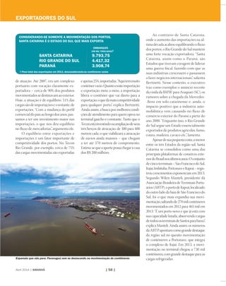 Abril 2014 | AMANHÃ | 58 |
de atuação. Até 2007, era um complexo
portuário com vocação claramente ex-
portadora – cerca de 90% dos produtos
movimentadossedestinavamaoexterior.
Hoje, a situação é de equilíbrio: 51% das
cargassãodeimportaçõeseorestante,de
exportações. “Com a mudança do perfil
comercial do país ao longo dos anos, pas-
samos a ter um investimento maior nas
importações, o que nos deu equilíbrio
no fluxo de mercadorias”, argumenta ele.
O equilíbrio entre exportações e
importações é um fator importante de
competitividade dos portos. No Tecon
Rio Grande, por exemplo, cerca de 75%
das cargas movimentadas são exportadas
Ao contrário de Santa Catarina,
onde o aumento das importações na úl-
tima década acabou equilibrando o fluxo
dos portos, o Rio Grande do Sul mantém
uma forte vocação exportadora. “Santa
Catarina, assim como o Paraná, são
Estados que tiveram coragem de liderar
uma guerra fiscal, fazendo com que as
suas indústrias crescessem e passassem
a fazer negócios internacionais”, salienta
Bertinetti. Nesse contexto, o executivo
traz como exemplos o anúncio recente
davindadaBMWparaAraquari(SC),os
rumores sobre a chegada da Mercedes-
-Benz em solo catarinense e, ainda, o
impacto positivo que a indústria auto-
mobilística vem causando no fluxo de
comércio exterior do Paraná a partir do
ano 2000. “Enquanto isso, o Rio Grande
do Sul segue um Estado essencialmente
exportador de produtos agrícolas, fumo,
couro, madeira, cavaco etc”, lamenta.
Apesardesuapequenacosta,amenor
entre os três Estados da região sul, Santa
Catarina se consolidou como uma das
principais plataformas de comércio exte-
riordoBrasilnosúltimosanos.Oconjunto
decincoterminais–SãoFranciscodoSul,
Itajaí,Imbituba,PortonaveeItapoá–regis-
trou crescimentos exponenciais em 2013.
Segundo Wilen Manteli, presidente da
AssociaçãoBrasileiradeTerminaisPortu-
ários(ABTP),oportodeItapoá,localizado
do outro lado da baía de São Francisco do
Sul, foi o que mais expandiu sua movi-
mentação,saltandode270milcontêineres
movimentados em 2012 para 465 mil em
2013. “É um porto novo e que já está com
sua capacidade lotada, absorvendo cargas
detodososterminaisdeSantosparabaixo”,
explica Manteli. Ainda assim, os números
daABTPapontamcomograndedestaque
da região sul no quesito movimentação
de contêineres a Portonave, que integra
o complexo de Itajaí. Em 2013, a movi-
mentação no terminal chegou a 730 mil
contêineres, com grande destaque para as
cargas refrigeradas.Expansão que não para: Paranaguá vem se destacando na movimentação de contêineres
eapenas25%,importadas.“Aquitemmuito
contêinervazio.Quantoexisteimportação
e exportação meio a meio, a importação
libera o contêiner que vai direto para a
exportação,oquedámaiscompetitividade
para qualquer porto”, explica Bertinetti.
Ainda assim, a busca por melhores condi-
ções de atendimento para quem opera no
terminal gaúcho é constante. Tanto que o
Teconestáinvestindonaampliaçãodeseus
três berços de atracação, de 300 para 400
metros cada, o que viabilizará a atracação
de navios ainda maiores – que chegam
a ter até 370 metros de comprimento.
Estima-sequeoaportepossachegaràcasa
dos R$ 200 milhões.
Embarques
(em mil toneladas)1
1 Peso total das exportações em 2013, desconsiderando-se contêineres vazios
SANTA CATARINA		 9.793,75
RIO GRANDE DO SUL		 4.417,32
PARANÁ 		 3.908,74
considerando-se somente a movimentação dos portos,
santa catarina é o estado do sul que mais exporta
exportadores do sul
 