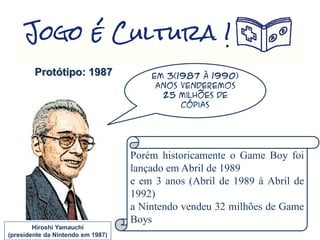 Protótipo: 1987
Hiroshi Yamauchi
(presidente da Nintendo em 1987)
Em 3(1987 à 1990)
anos venderemos
25 Milhões de
cópias
Porém historicamente o Game Boy foi
lançado em Abril de 1989
e em 3 anos (Abril de 1989 à Abril de
1992)
a Nintendo vendeu 32 milhões de Game
Boys
 