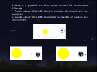 La Luna con su gravedad controla las mareas, aunque el Sol también ejerce
influencia.
1. Cuando la Luna y el Sol están alineados las mareas altas son más altas que
costumbre.
2. Cuando la Luna y el Sol están opuestos las mareas altas son más bajas que
de costumbre.
 