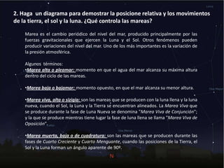 2. Haga un diagrama para demostrar la posicione relativa y los movimientos
de la tierra, el sol y la luna. ¿Qué controla las mareas?
Marea es el cambio periódico del nivel del mar, producido principalmente por las
fuerzas gravitacionales que ejercen la Luna y el Sol. Otros fenómenos pueden
producir variaciones del nivel del mar. Uno de los más importantes es la variación de
la presión atmosférica.
Algunos términos:
•Marea alta o pleamar: momento en que el agua del mar alcanza su máxima altura
dentro del ciclo de las mareas.
•Marea baja o bajamar: momento opuesto, en que el mar alcanza su menor altura.
•Marea viva, alta o sizigia: son las mareas que se producen con la luna llena y la luna
nueva, cuando el Sol, la Luna y la Tierra se encuentran alineados. La Marea Viva que
se produce durante la fase de Luna Nueva se denomina "Marea Viva de Conjunción";
y la que se produce mientras tiene lugar la fase de luna llena se llama "Marea Viva de
Oposición".
•Marea muerta, baja o de cuadratura: son las mareas que se producen durante las
fases de Cuarto Creciente y Cuarto Menguante, cuando las posiciones de la Tierra, el
Sol y la Luna forman un ángulo aparente de 90º.
 