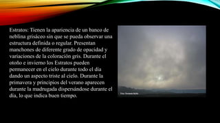 Estratos: Tienen la apariencia de un banco de
neblina grisáceo sin que se pueda observar una
estructura definida o regular. Presentan
manchones de diferente grado de opacidad y
variaciones de la coloración gris. Durante el
otoño e invierno los Estratos pueden
permanecer en el cielo durante todo el día
dando un aspecto triste al cielo. Durante la
primavera y principios del verano aparecen
durante la madrugada dispersándose durante el
día, lo que indica buen tiempo.
 
