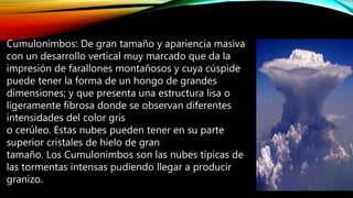 Cumulonimbos: De gran tamaño y apariencia masiva
con un desarrollo vertical muy marcado que da la
impresión de farallones montañosos y cuya cúspide
puede tener la forma de un hongo de grandes
dimensiones; y que presenta una estructura lisa o
ligeramente fibrosa donde se observan diferentes
intensidades del color gris
o cerúleo. Estas nubes pueden tener en su parte
superior cristales de hielo de gran
tamaño. Los Cumulonimbos son las nubes típicas de
las tormentas intensas pudiendo llegar a producir
granizo.
 