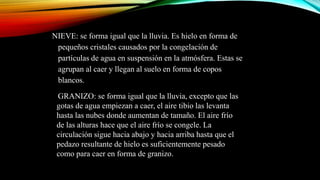 NIEVE: se forma igual que la lluvia. Es hielo en forma de
pequeños cristales causados por la congelación de
partículas de agua en suspensión en la atmósfera. Estas se
agrupan al caer y llegan al suelo en forma de copos
blancos.
GRANIZO: se forma igual que la lluvia, excepto que las
gotas de agua empiezan a caer, el aire tibio las levanta
hasta las nubes donde aumentan de tamaño. El aire frío
de las alturas hace que el aire frío se congele. La
circulación sigue hacia abajo y hacia arriba hasta que el
pedazo resultante de hielo es suficientemente pesado
como para caer en forma de granizo.
 