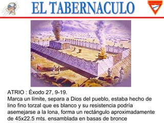 ATRIO : Éxodo 27, 9-19.
Marca un límite, separa a Dios del pueblo, estaba hecho de
lino fino torzal que es blanco y su resistencia podría
asemejarse a la lona, forma un rectángulo aproximadamente
de 45x22.5 mts. ensamblada en basas de bronce
 
