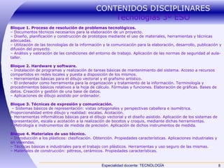 CONTENIDOS DISCIPLINARES  Tecnologías 3º ESO Bloque 1. Proceso de resolución de problemas tecnológicos. –  Documentos técnicos necesarios para la elaboración de un proyecto. –  Diseño, planificación y construcción de prototipos mediante el uso de materiales, herramientas y técnicas adecuadas. –  Utilización de las tecnologías de la información y la comunicación para la elaboración, desarrollo, publicación y difusión del proyecto. –  Análisis y valoración de las condiciones del entorno de trabajo. Aplicación de las normas de seguridad al aula-taller. Bloque 2. Hardware y software. –  Instalación de programas y realización de tareas básicas de mantenimiento del sistema. Acceso a recursos compartidos en redes locales y puesta a disposición de los mismos. –  Herramientas básicas para el dibujo vectorial y el grafismo artístico. –  El ordenador como herramienta para la organización y tratamiento de la información. Terminología y procedimientos básicos relativos a la hoja de cálculo. Fórmulas y funciones. Elaboración de gráficas. Bases de datos. Creación y gestión de una base de datos. –  Aplicaciones de dibujo asistido por ordenador. Bloque 3. Técnicas de expresión y comunicación. –  Sistemas básicos de representación: vistas ortogonales y perspectivas caballera e isométrica. Proporcionalidad entre dibujo y realidad: escalas. Acotación. –  Herramientas informáticas básicas para el dibujo vectorial y el diseño asistido. Aplicación de los sistemas de representación, escala y acotación a la realización de bocetos y croquis, mediante dichas herramientas. –  Metrología e instrumentos de medida de precisión. Aplicación de dichos instrumentos de medida. Bloque 4. Materiales de uso técnico. –  Introducción a los plásticos: clasificación. Obtención. Propiedades características. Aplicaciones industriales y en viviendas. –  Técnicas básicas e industriales para el trabajo con plásticos. Herramientas y uso seguro de las mismas. –  Materiales de construcción: pétreos, cerámicos. Propiedades características. 