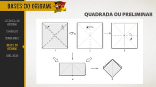BASES DO ORIGAMI
QUADRADA OU PRELIMINAR
Historia do
Origami
Simbolos
Diagramas
Bases do
origami
avaliacao
 