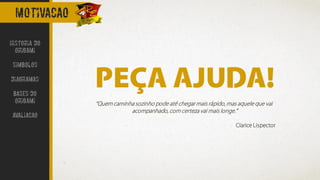 “Quem caminha sozinho pode até chegar mais rápido, mas aquele que vai
acompanhado, com certeza vai mais longe.”
Clarice Lispector
PEÇA AJUDA!
motivacao
Historia do
Origami
Simbolos
Diagramas
Bases do
origami
avaliacao
 