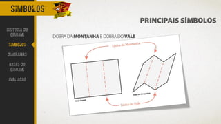 simbolos
PRINCIPAIS SÍMBOLOS
DOBRA DA MONTANHA E DOBRA DO VALE
Historia do
Origami
Simbolos
Diagramas
Bases do
origami
avaliacao
 