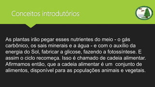 Conceitos introdutórios
As plantas irão pegar esses nutrientes do meio - o gás
carbônico, os sais minerais e a água - e com o auxílio da
energia do Sol, fabricar a glicose, fazendo a fotossíntese. E
assim o ciclo recomeça. Isso é chamado de cadeia alimentar.
Afirmamos então, que a cadeia alimentar é um conjunto de
alimentos, disponível para as populações animais e vegetais.
 