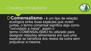 Conceitos introdutórios
Comensalismo - é um tipo de relação
ecológica entre duas espécies que vivem
juntas, o termo comensal significa algo como
"convidado a mesa", assim o
termo COMENSALISMO foi utilizado para
designar relações alimentares em que uma
espécie se beneficia dos restos da outra sem
prejudicar a mesma.
 