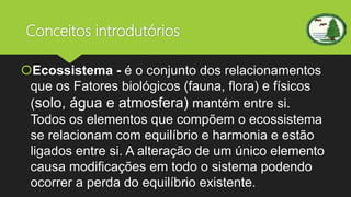 Conceitos introdutórios
Ecossistema - é o conjunto dos relacionamentos
que os Fatores biológicos (fauna, flora) e físicos
(solo, água e atmosfera) mantém entre si.
Todos os elementos que compõem o ecossistema
se relacionam com equilíbrio e harmonia e estão
ligados entre si. A alteração de um único elemento
causa modificações em todo o sistema podendo
ocorrer a perda do equilíbrio existente.
 