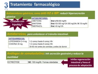 Tratamiento farmacológico
Antisecretores gástricos, como anti-H2 o IBP: reducir hipersecreción
gástrica
Cuidado con
hipoMg2+
Antidiarreicos, para enlentecer el tránsito intestinal.
Análogos de somatostatina: Inh secreción gastroint y reduce la
motilidad
Inhiberegeneración
intestinal y frena el
proceso de adaptación
 