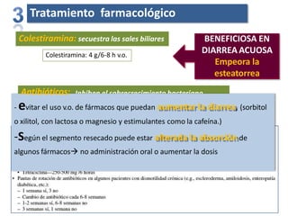 Tratamiento farmacológico
Colestiramina: secuestra las sales biliares
Inhiben el sobrecrecimiento bacteriano
Metronidazol: 250-750 mg/8 h v.o.
Sulfato de neomicina: 1-2 g/4-6 h v.o.
BENEFICIOSA EN
DIARREA ACUOSA
Empeora la
esteatorrea
Colestiramina: 4 g/6-8 h v.o.
Antibióticos:
- evitar el uso v.o. de fármacos que puedan aumentar la diarrea, (sorbitol
o xilitol, con lactosa o magnesio y estimulantes como la cafeína.)
-Según el segmento resecado puede estar alterada la absorción de
algunos fármacos no administración oral o aumentar la dosis
 