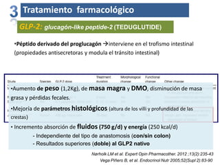 Tratamiento farmacológico
GLP-2: glucagón-like peptide-2 (TEDUGLUTIDE)
•Péptido derivado del proglucagón interviene en el trofismo intestinal
(propiedades antisecretoras y modula el tránsito intestinal)
•Aumento de peso (1,2Kg), de masa magra y DMO, disminución de masa
grasa y pérdidas fecales.
•Mejoría de parámetros histológicos (altura de los villi y profundidad de las
crestas)
• Incremento absorción de fluidos (750 g/d) y energía (250 kcal/d)
- Independiente del tipo de anastomosis (con/sin colon)
- Resultados superiores (doble) al GLP2 nativo
Nørholk LM et al. Expert Opin Pharmacother. 2012 ;13(2):235-43
Vega Piñero B, et al. Endocrinol Nutr 2005;52(Supl 2):83-90
 
