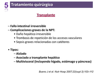Tratamiento quirúrgico
Transplante
– Fallo intestinal irreversible
– Complicaciones graves de la NPT:
• Daño hepático irreversible
• Trombosis de repetición de los accesos vasculares
• Sepsis graves relacionadas con catéteres
• Tipos:
– Aislado
– Asociado a transplante hepático
– Multivisceral (incluyendo hígado, estómago y páncreas)
Bueno J et al. Nutr Hosp 2007;22(supl 2):103–112
 