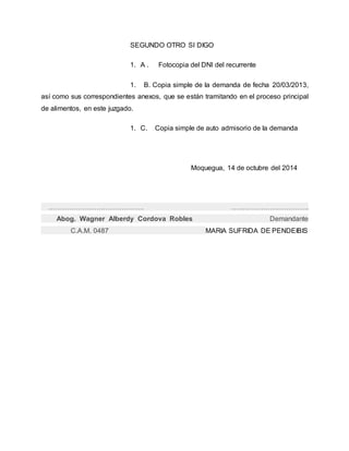 SEGUNDO OTRO SI DIGO 
1. A . Fotocopia del DNI del recurrente 
1. B. Copia simple de la demanda de fecha 20/03/2013, 
así como sus correspondientes anexos, que se están tramitando en el proceso principal 
de alimentos, en este juzgado. 
1. C. Copia simple de auto admisorio de la demanda 
Moquegua, 14 de octubre del 2014 
…………………………………… ……………………………. 
Abog. Wagner Alberdy Cordova Robles Demandante 
C.A.M. 0487 MARIA SUFRIDA DE PENDEIBIS 
 