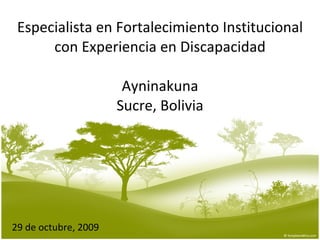 Especialista en Fortalecimiento Institucional con Experiencia en Discapacidad Ayninakuna Sucre, Bolivia 29 de octubre, 2009 