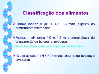 Classificação dos alimentos 
 Baixa acidez = pH > 4,5 Þ mais sujeitos ao 
crescimento microbiano 
Ácidos = pH entre 4,0 e 4,5 Þ predominância do 
crescimento de bolores e leveduras 
poucas bactérias (láticas e espécies de Bacillus) 
 Muito ácidos = pH < 4,0 Þ crescimento de bolores e 
leveduras 
 