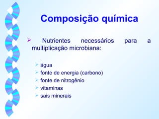 Composição química 
 Nutrientes necessários para a 
multiplicação microbiana: 
 água 
 fonte de energia (carbono) 
 fonte de nitrogênio 
 vitaminas 
 sais minerais 
 