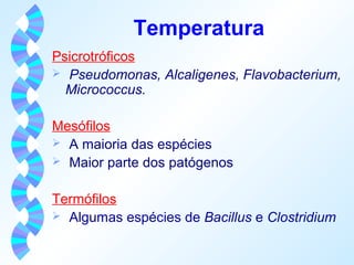 Temperatura 
Psicrotróficos 
 Pseudomonas, Alcaligenes, Flavobacterium, 
Micrococcus. 
Mesófilos 
 A maioria das espécies 
 Maior parte dos patógenos 
Termófilos 
 Algumas espécies de Bacillus e Clostridium 
 