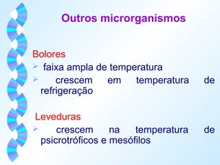 Outros microrganismos 
Bolores 
 faixa ampla de temperatura 
 crescem em temperatura de 
refrigeração 
Leveduras 
 crescem na temperatura de 
psicrotróficos e mesófilos 
 