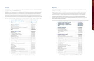 Finanças                                                                                                                 Marketing
A ênfase em Finanças destina-se aos profissionais de todas as áreas de atuação que buscam ampliar suas competências      A ênfase em Marketing destina-se aos profissionais de todos os setores que buscam geração de valor ao cliente,
para geração de valor e a sustentabilidade do negócio.                                                                   à organização e à sociedade.

Essa ênfase tem como objetivo fornecer ao participante conceitos e ferramentas necessários para uma eficiente gestão     O objetivo da ênfase é capacitar os participantes para atuar na gestão estratégica de mercados, desenvolvendo
financeira, desenvolvendo a perspectiva de curto e longo prazos, visando à maximização dos resultados financeiros.       as competências necessárias para: identificar e selecionar oportunidades de mercado, criar e ofertar soluções
                                                                                                                         inovadoras que resultem em vantagem competitiva e utilizar as ferramentas aplicadas à gestão de Marketing.
A ênfase amplia a visão do participante ao trabalhar os conteúdos de finanças sempre integrados às demais áreas de
gestão, ao ambiente macroeconômico e às diversas realidades de negócio, aprimorando o processo de tomada de decisão.     O conteúdo da ênfase é discutido a partir da reflexão e renovação da prática empresarial, desenvolvendo no
                                                                                                                         participante uma visão crítica sobre a sua atuação profissional e contribuindo para a construção de novas posturas
Para cursar a ênfase em Finanças, o participante deverá estruturar as horas da sua grade curricular da seguinte forma:   diante dos desafios e tendências de mercado.

                   Disciplinas obrigatórias em Finanças                             72 horas/aula
                                                                                                                         Para cursar a ênfase em Marketing, o participante deverá estruturar as horas da sua grade curricular da seguinte forma:
                   Disciplinas eletivas em Finanças                                108 horas/aula
                   Disciplinas eletivas em qualquer ênfase                         108 horas/aula                                           Disciplinas obrigatórias em Marketing                            72 horas/aula
                   Total                                                           288 horas/aula
                                                                                                                                            Disciplinas eletivas em Marketing                               108 horas/aula

                   Disciplinas obrigatórias                                        Carga horária                                            Disciplinas eletivas em qualquer ênfase                         108 horas/aula
                   Matemática Financeira                                           18 horas/aula                                            Total                                                           288 horas/aula
                   Análise de Investimentos                                        18 horas/aula
                   Valuation: Avaliação pelo Fluxo de Caixa Descontado             18 horas/aula                                            Disciplinas obrigatórias                                         Carga horária
                   Contabilidade Financeira                                        18 horas/aula                                            Estratégia de Marketing                                           18 horas/aula
                   Total                                                           72 horas/aula                                            Gestão do Mix Mercadológico                                       18 horas/aula
                                                                                                                                            Comportamento do Consumidor                                       18 horas/aula
                   Disciplinas eletivas na ênfase                                  Carga horária                                            Análise Estratégica                                               18 horas/aula
                   Project Finance                                                 18 horas/aula                                            Total                                                            72 horas/aula
                   Estatística Aplicada a Finanças                                 18 horas/aula
                   Contabilidade Financeira Avançada                               18 horas/aula                                            Disciplinas eletivas na ênfase                                   Carga horária
                   Gestão da Liquidez                                              18 horas/aula                                            Inteligência de Mercado                                          18 horas/aula
                   Fundamentos de Custos                                           18 horas/aula                                            Desenvolvimento de Novos Produtos e Serviços                     18 horas/aula
                   Gestão Estratégica de Custos                                    18 horas/aula                                            Gestão de Marcas                                                 18 horas/aula
                   Orçamento Empresarial                                           18 horas/aula                                            Mercados Globais                                                 18 horas/aula
                   Sistema Financeiro Nacional                                     18 horas/aula                                            Marketing de Varejo                                              18 horas/aula
                   Mercado Monetário                                               18 horas/aula                                            Reputação e Competitividade Corporativa                          18 horas/aula
                   Mercado de Crédito                                              18 horas/aula                                            Gestão de Produtos                                               18 horas/aula
                   Mercado de Capitais                                             18 horas/aula                                            Gestão Estratégica de Preços                                     18 horas/aula
                   Renda Fixa                                                      18 horas/aula                                            Marketing de Serviços                                            18 horas/aula
                   Mercado Cambial & Finanças Internacionais                       18 horas/aula                                            Trade Marketing                                                  18 horas/aula
                   Derivativos                                                     18 horas/aula                                            Gestão do Composto Promocional                                   18 horas/aula
                   Gestão de Risco                                                 18 horas/aula                                            Gestão do Relacionamento com o Mercado                           18 horas/aula
                   Teoria de Carteiras                                             18 horas/aula                                            Comunicação Empresarial                                          18 horas/aula
                   Opções Reais                                                    18 horas/aula                                            Marketing B2B                                                    18 horas/aula
                   Gestão de Valor: Metodologias de EVA e CVA                      18 horas/aula                                            Gestão do Esforço de Vendas                                      18 horas/aula
                   Aplicação de Planilhas Eletrônicas em Finanças                                                                           Estratégia Comercial                                             18 horas/aula
                                                                                    18 horas/aula
                   (Excel avançado)                                                                                                         Marketing Digital                                                18 horas/aula
                   Abertura de Capital e Relacionamento com o Investidor            18 horas/aula                                           Antropologia do Consumo                                          18 horas/aula
                   Controladoria                                                    18 horas/aula                                           Experiência do Cliente                                           18 horas/aula
                   Auditoria Externa e Interna                                      18 horas/aula                                           Canais de Distribuição                                           18 horas/aula

                       Cursar no mínimo 108 horas/aula de disciplinas eletivas na ênfase.                                                       Cursar no mínimo 108 horas/aula de disciplinas eletivas na ênfase.
 