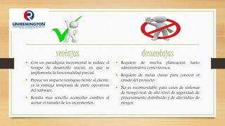 ventajas
• Con un paradigma incremental se reduce el
tiempo de desarrollo inicial, ya que se
implementa la funcionalidad parcial.
• Provee un impacto ventajoso frente al cliente,
es la entrega temprana de parte operativas
del software.
• Resulta mas sencillo acomodar cambios al
acotar el tamaño de los incrementos.
desventajas
• Requiere de mucha planeación, tanto
administrativa como técnica.
• Requiere de metas claras para conocer el
estado del proyecto.
• No es recomendable para casos de sistemas
de tiempo real, de alto nivel de seguridad, de
procesamiento distribuido y de alto índice de
riesgos.
 