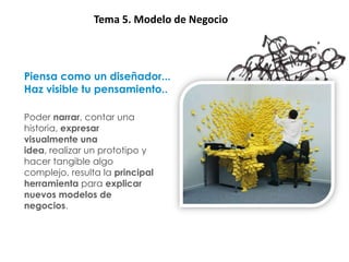 ResumenTema 5. Modelo de Negocio


Piensa como un diseñador...
Haz visible tu pensamiento..

Poder narrar, contar una
historia, expresar
visualmente una
idea, realizar un prototipo y
hacer tangible algo
complejo, resulta la principal
herramienta para explicar
nuevos modelos de
negocios.
 