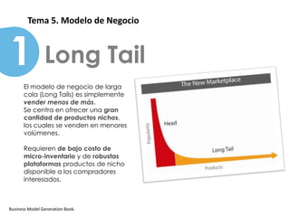 Patrones
        Tema 5. Modelo de Negocio



1               Long Tail
      El modelo de negocio de larga
      cola (Long Tails) es simplemente
      vender menos de más.
      Se centra en ofrecer una gran
      cantidad de productos nichos,
      los cuales se venden en menores
      volúmenes.

      Requieren de bajo costo de
      micro-inventario y de robustas
      plataformas productos de nicho
      disponible a los compradores
      interesados.



Business Model Generation Book.
 