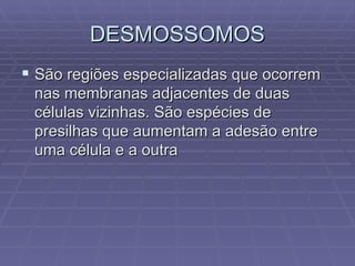 DESMOSSOMOS São regiões especializadas que ocorrem nas membranas adjacentes de duas células vizinhas. São espécies de presilhas que aumentam a adesão entre uma célula e a outra  