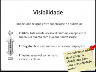 Visibilidade
                 Impõe uma relação entre superclasse e a subclasse.

                 • Público: totalmente acessível tanto no escopo entre
                  super/sub quanto com qualquer outra classe
acessibilidade




                 • Protegido: Acessível somente no escopo super/sub.


                 • Privado: acessível somente no
                  escopo da classe.
 