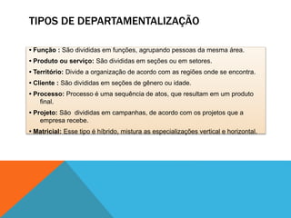 TIPOS DE DEPARTAMENTALIZAÇÃO
• Função : São divididas em funções, agrupando pessoas da mesma área.
• Produto ou serviço: São divididas em seções ou em setores.
• Território: Divide a organização de acordo com as regiões onde se encontra.
• Cliente : São divididas em seções de gênero ou idade.
• Processo: Processo é uma sequência de atos, que resultam em um produto
final.
• Projeto: São divididas em campanhas, de acordo com os projetos que a
empresa recebe.
• Matricial: Esse tipo é híbrido, mistura as especializações vertical e horizontal.
 