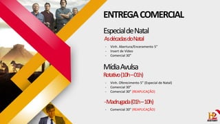 EspecialdeNatal
AsdécadasdoNatal
MídiaAvulsa
- Vinh. Abertura/Enceramento 5”
- Insert de Vídeo
- Comercial 30”
Rotativo(10h–01h)
- Vinh. Oferecimento 5” (Especial de Natal)
- Comercial 30”
- Comercial 30” (REAPLICAÇÃO)
-Madrugada(01h–10h)
- Comercial 30” (REAPLICAÇÃO)
ENTREGACOMERCIAL
 