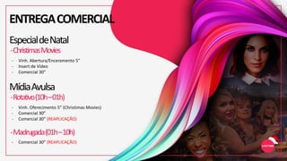 EspecialdeNatal
-ChristimasMovies
MídiaAvulsa
- Vinh. Abertura/Enceramento 5”
- Insert de Vídeo
- Comercial 30”
-Rotativo(10h–01h)
- Vinh. Oferecimento 5” (Christimas Movies)
- Comercial 30”
- Comercial 30” (REAPLICAÇÃO)
-Madrugada(01h–10h)
- Comercial 30” (REAPLICAÇÃO)
ENTREGACOMERCIAL
 
