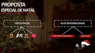 PROPOSTA
ESPECIALDENATAL
FREQUÊNCIA ALTA RENTABILIDADE
REAPLICAÇÃOMAIOR ÍNDICE DE NEGOCIAÇÃO
 