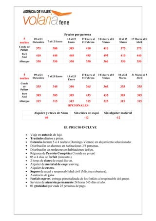Precios por persona
  5          09 al 21                     13 al 25    27 Enero al   3 Febrero al 8   10 al 15   17 Marzo al 5
noches      Diciembre   7 al 12 Enero     Enero       01 Febrero       Marzo         Marzo          Abril
Conde de
 Pallars       375          380            385            410           410            375          375
  Port
  Ainé         410          440            440            495           495            410          440
Albergue       350          350            350            350           360            350          350



  4          09 al 21                                 27 Enero al   3 Febrero al 8   10 al 22   31 Marzo al 5
                        7 al 25 Enero     13 al 25
noches      Diciembre                                 01 Febrero       Marzo         Marzo          Abril
                                           Enero
 Conde
   de          335          345            350            365           365           335           335
 Pallars
  Port
  Ainé         385          385            385            435           435           385           385
Albergue       315          315            315     315                  325           315           315
                                          OPCIONALES

             Alquiler y clases de Snow           Sin clases de esqui     Sin alquiler material
                     40                                  -12                      -12


                                        EL PRECIO INCLUYE

     •     Viaje en autobús de lujo.
     •     Traslados diarios a pistas.
     •     Estancia durante 5 o 4 noches (Domingo-Viernes) en alojamiento seleccionado.
     •     Distribución de alumnos en habitaciones 3/4 personas.
     •     Distribución de profesores en habitaciones dobles.
     •     Régimen de Pensión Completa (Comida en pistas)
     •     05 o 4 días de forfait (remontes).
     •     2 horas de clases de esquí diarias.
     •     Alquiler de material de esquí carving.
     •     Alquiler de cascos.
     •     Seguro de esquí y responsabilidad civil (Máxima cobertura).
     •     Asistencia de guía.
     •     Forfait express, entrega personalizada de los forfaits al responsable del grupo.
     •     Servicio de atención permanente 24 horas 365 días al año.
     •     01 gratuidad por cada 25 personas de pago.
 