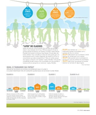 NO | VAREJO edição especial
49
Fotos:DouglasLuccena/Divulgação
62,8% dos membros da CLASSE MÉDIA
tradicional se sentem incomodados com o
aumento das ﬁlas nos cinemas
55,3% deles pensam que os produtos à venda
deveriam ter versões para ricos e pobres
48,4% deles apontam piora na prestação de
serviços por causa do aumento de consumidores
16,5% deles acham que pessoas mal vestidas
deveriam ser barradas em alguns lugares
Fonte: Data Popular
Líder de consumo em: CDs e DVDs
(27,3% do total de consumo dessa
categoria), produtos ﬁnanceiros (25,7%),
artigos de decoração (25,3%) e aquisição
de veículos (25%)
CLASSE A
2,6% 23,7% 16,2%
Líder de consumo em: combustível e
ensino (58,3%, cada), cinema (54,6%),
serviços automotivos (53,8%) e artigos
esportivos (53%)
CLASSE B
24,4%
46,6%
38,1%
Líder de consumo em: tabaco e
acessórios (50,3%), carnes, aves e
derivados (48,5%), alimentos-mercearia
(48,2%) e matinais (47,9%)
CLASSE C
52,4%
26,9%
38,7%
CLASSE D e E
20,6% 2,7%
7%
Fonte: Ibope Inteligência / Pixys Consumo
QUAL O TAMANHO DA FATIA?
APESAR DETER MENOS DA METADE DE DOMICÍLIOS QUE A CLASSE C,
A CLASSE B RESPONDE POR UM CONSUMO QUASE IGUAL AO DA NOVA CLASSE MÉDIA
dos domicílios da massa
salarial
do consumo dos domicílios da massa
salarial
do consumo dos domicílios da massa
salarial
do consumo dos domicílios da massa
salarial
do consumo
R$ 1,3
trilhão
é quanto os
brasileiros vão
consumir
em 2012
13,5%
é a alta do
consumo
no Brasil em
comparação
a 2011
R$ 1,2
milhão
de domicílios
entram anualmente
para as classes
B e C1
O crescimento
é maior na C1
(5,4%em média)
e um pouco menor
na classe B
(4,3%)
Fonte: Ibope Inteligência/Pixys Consumo
“LUTA” DE CLASSES
Apesar de lenta, por conta da grande faixa de renda que abrange a
classe C, essa revolução não é nova.“44% das classes A e B são da
primeira geração de pessoas com dinheiro na família”, explica Renato
Meirelles, sócio-diretor do Instituto Data Popular.“Os pais deles não
tinham dinheiro.” Essa coincidência na faixa de renda, porém, gera um
estranhamento entre os velhos integrantes das classes A e B com os
consumidores que estão emergindo da C.“Rola um conﬂito porque
seus espaços começam a ser invadidos”, explica Meirelles.“Uma parcela
considerável da elite começa a ﬁcar incomodada com essa ascensão e
reclama de ﬁla no aeroporto, no cinema etc.”, explica Meirelles.
ANOVAREJO_relacoes_de_consumo.indd 49 7/20/12 1:44 PM
 