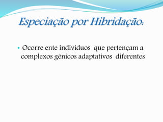 Especiação por Hibridação:
• Ocorre ente indivíduos que pertençam a
complexos gênicos adaptativos diferentes
 