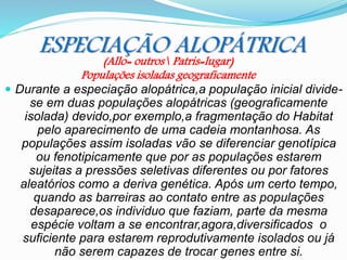 ESPECIAÇÃO ALOPÁTRICA
 Durante a especiação alopátrica,a população inicial divide-
se em duas populações alopátricas (geograficamente
isolada) devido,por exemplo,a fragmentação do Habitat
pelo aparecimento de uma cadeia montanhosa. As
populações assim isoladas vão se diferenciar genotípica
ou fenotipicamente que por as populações estarem
sujeitas a pressões seletivas diferentes ou por fatores
aleatórios como a deriva genética. Após um certo tempo,
quando as barreiras ao contato entre as populações
desaparece,os individuo que faziam, parte da mesma
espécie voltam a se encontrar,agora,diversificados o
suficiente para estarem reprodutivamente isolados ou já
não serem capazes de trocar genes entre si.
(Allo= outros Patris=lugar)
Populações isoladas geograficamente
 