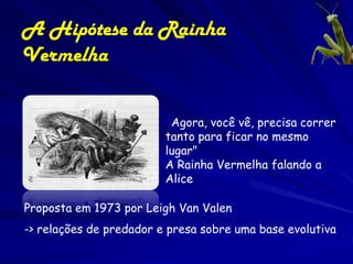 A Hipótese da Rainha
Vermelha


                         “Agora, você vê, precisa correr
                         tanto para ficar no mesmo
                         lugar"
                         A Rainha Vermelha falando a
                         Alice

Proposta em 1973 por Leigh Van Valen
-> relações de predador e presa sobre uma base evolutiva
 