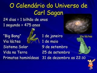 O Calendário do Universo de
           Carl Sagan
24 dias = 1 bilhão de anos
1 segundo = 475 anos

“Big Bang”            1 de janeiro        Via láctea
Via láctea            1 de maio
Sistema Solar         9 de setembro
Vida na Terra         25 de setembro
Primatas hominídeas   31 de dezembro as 22:30
 