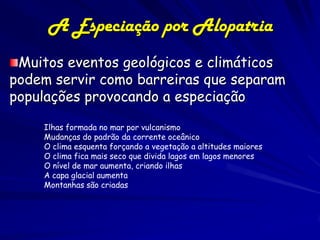 A Especiação por Alopatria
 Muitos eventos geológicos e climáticos
podem servir como barreiras que separam
populações provocando a especiação

    Ilhas formada no mar por vulcanismo
    Mudanças do padrão da corrente oceânico
    O clima esquenta forçando a vegetação a altitudes maiores
    O clima fica mais seco que divida lagos em lagos menores
    O nível de mar aumenta, criando ilhas
    A capa glacial aumenta
    Montanhas são criadas
 