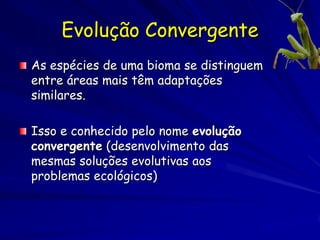 Evolução Convergente
As espécies de uma bioma se distinguem
entre áreas mais têm adaptações
similares.

Isso e conhecido pelo nome evolução
convergente (desenvolvimento das
mesmas soluções evolutivas aos
problemas ecológicos)
 