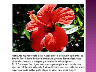 Nenhuma mulher gosta dela. Associamo-la ao envelhecimento, ao
fim da fertilidade. Provoca mudanças que não foram desejadas,
pinta de cinzento a imagem que temos de nós próprias.
Está farta que lhe digam que a menopausa pode ser vivida sem
efeitos colaterais, não está ? Acreditamos que sim. Não lhe vamos
dizer que pode saltar esta etapa da vida. Leia mais AQUI
 