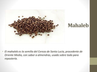 Mahaleb
• El mahaleb es la semilla del Cerezo de Santa Lucía, procedente de
Oriente Medio, con sabor a almendras, usado sobre todo para
repostería.
 